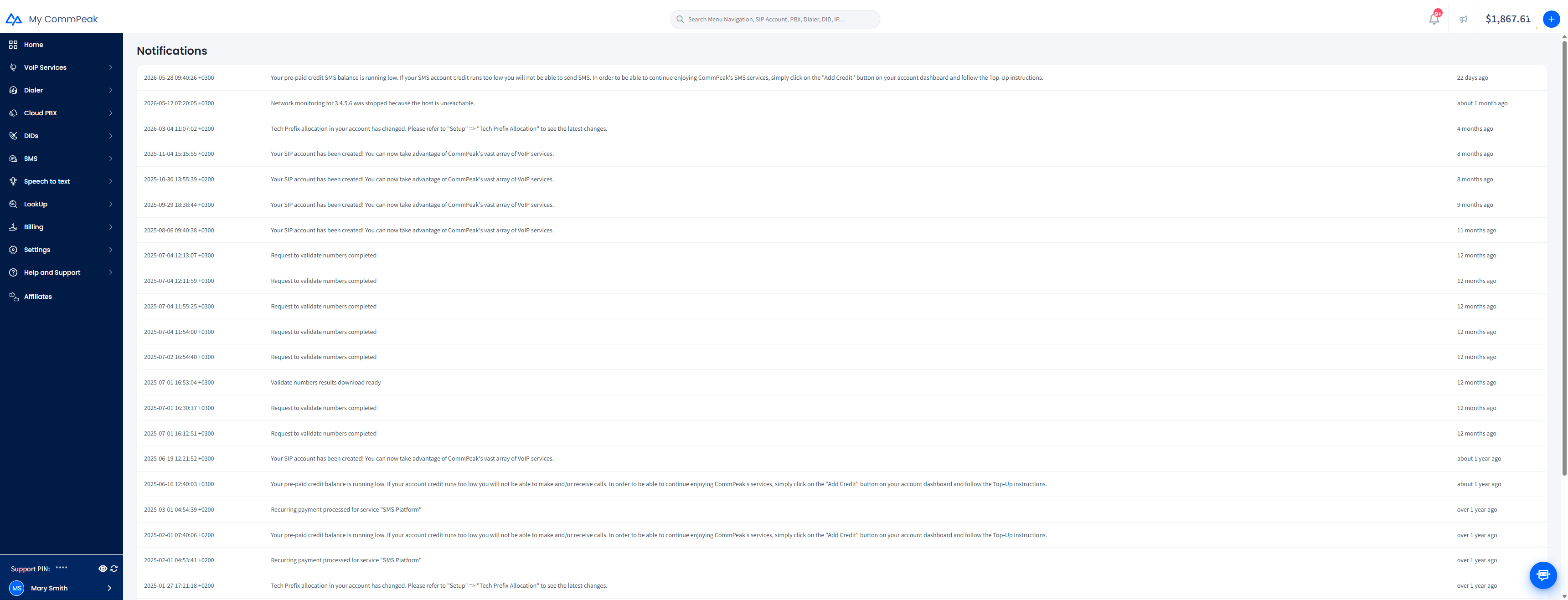 Screenshot of the Notifications page
