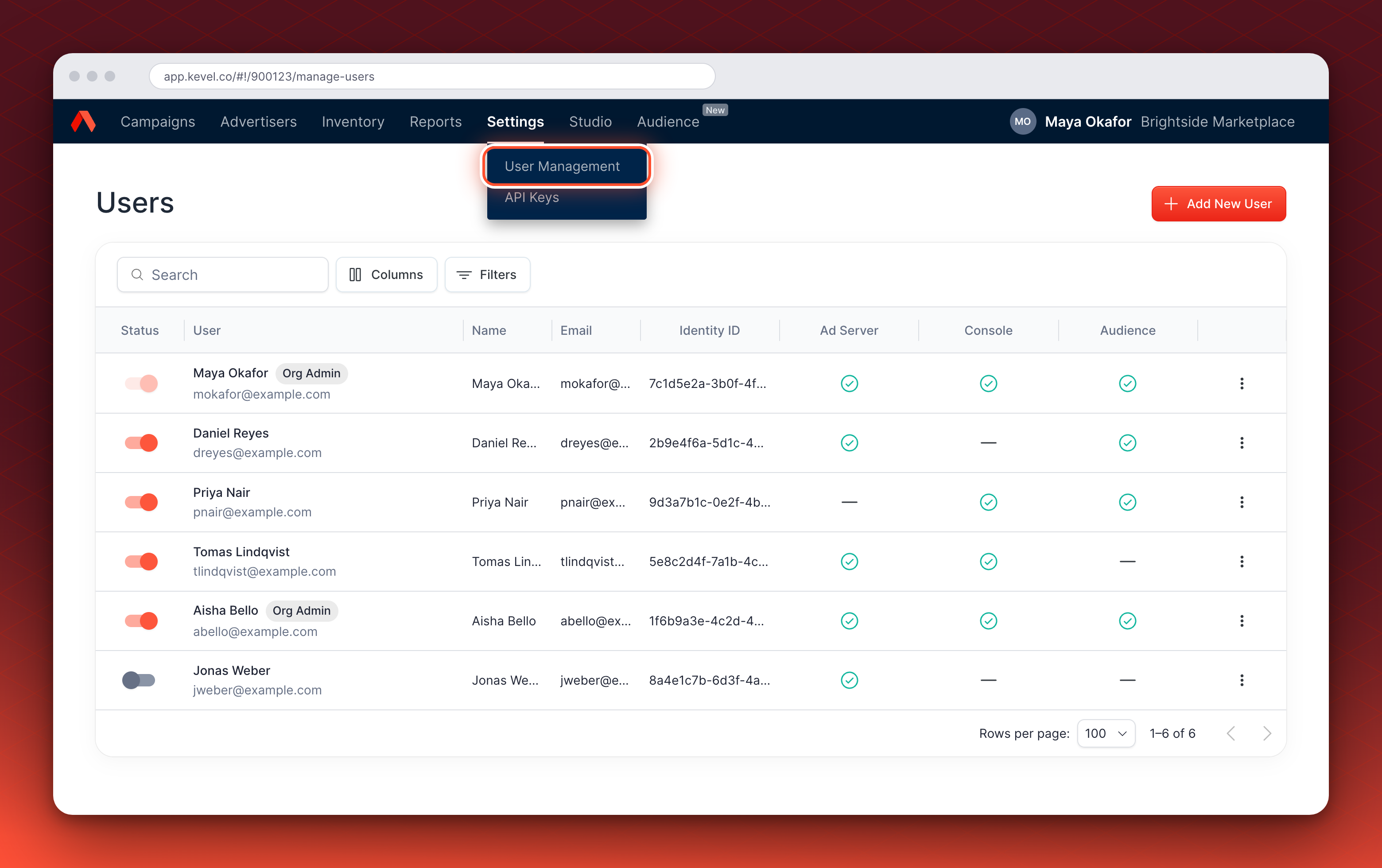 The Ad Server UI with the Settings menu open and User Management circled.