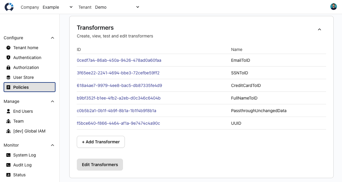 Transformers can be managed from the Policies page in the UserClouds Console