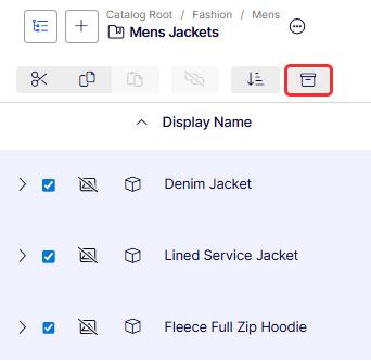 Screenshot of the options menu and Archive icon used to archive catalog entries.