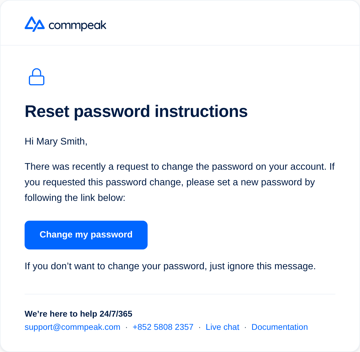 Screenshot of the email with password reset instructions