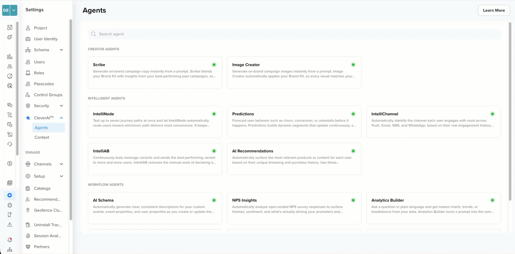CleverTap Agents settings page showing a list of Creator and Intelligent agents, with Image Creator selected and its configuration details displayed on the right.