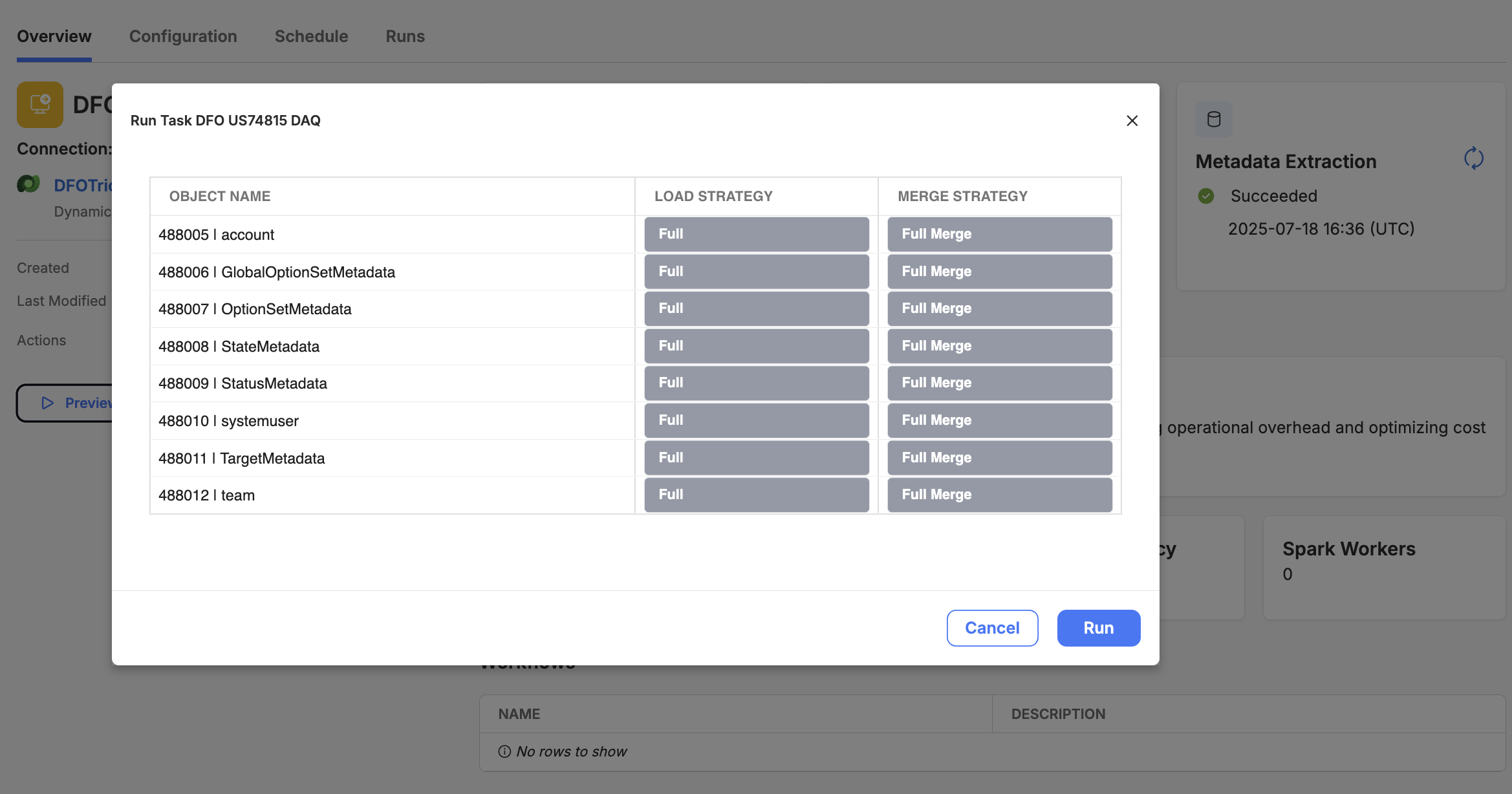 An example of the preview modal showing what will be run - allowing you to confirm you would like to run the Task.