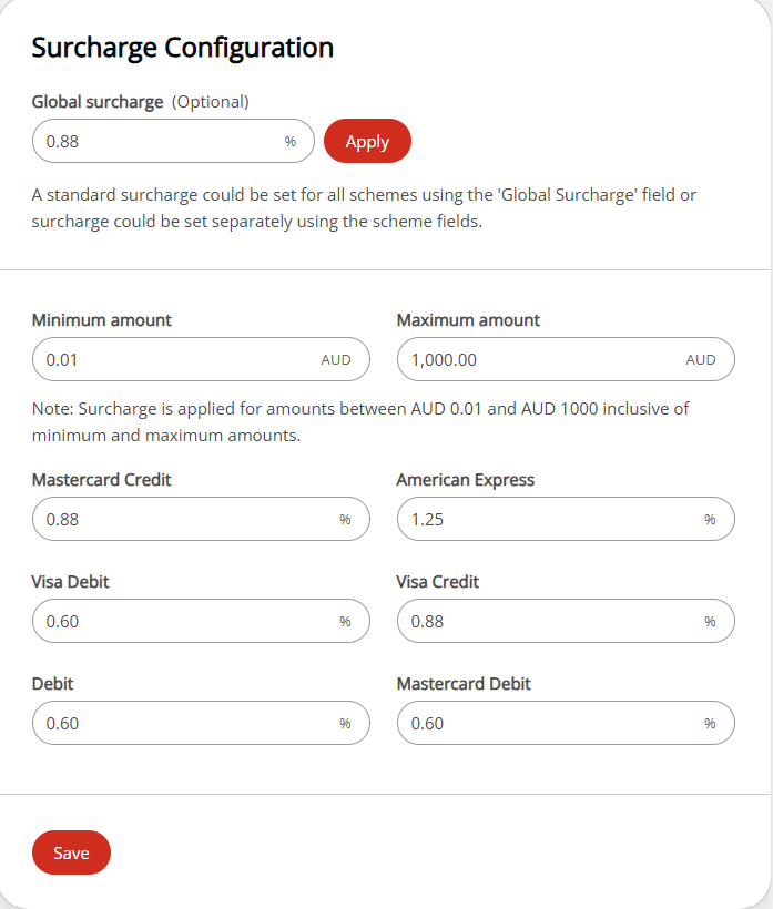 Surcharge configuration on the Payment Provider Contracts page.