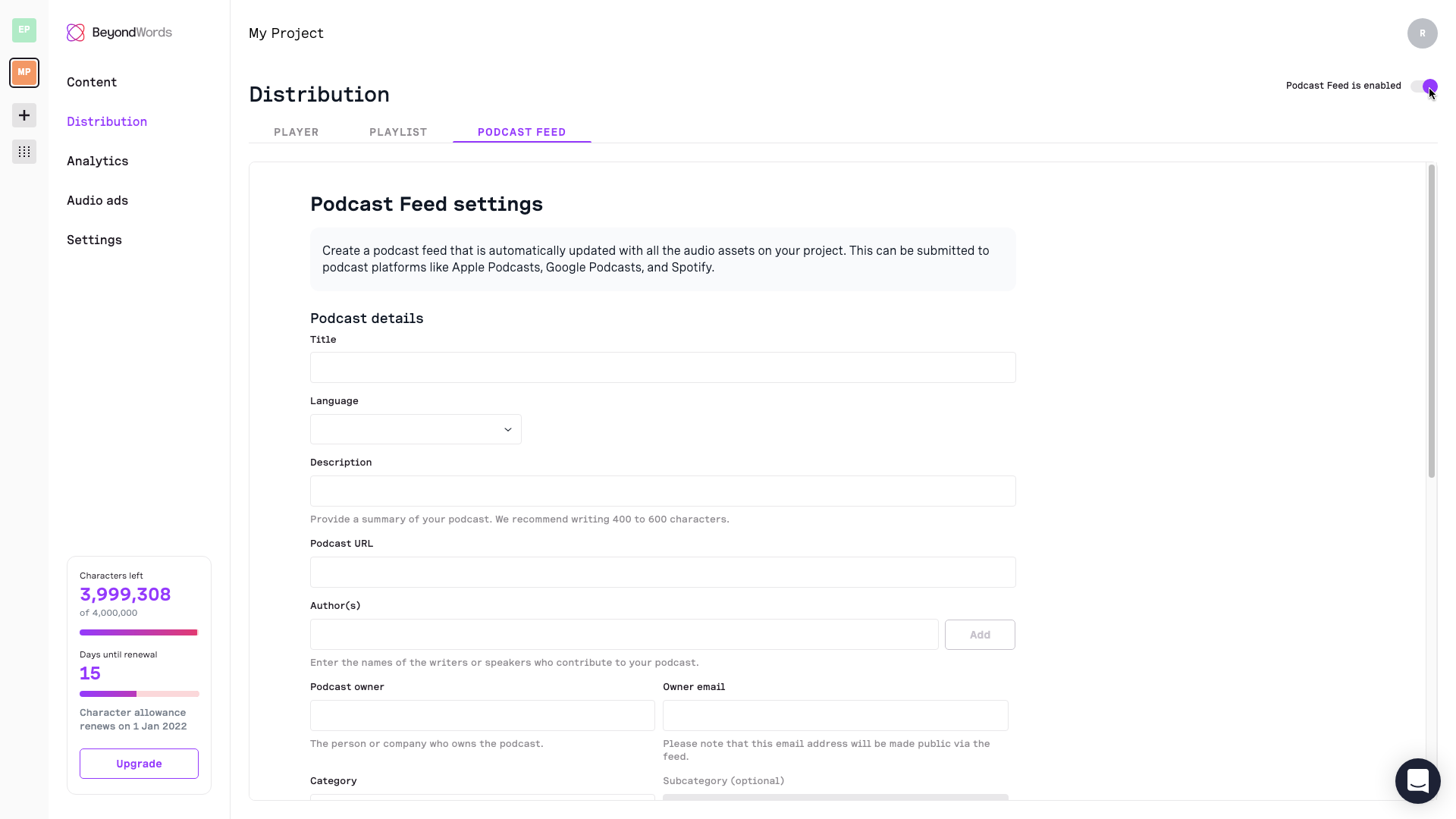 Podcast Feed settings in BeyondWords.png