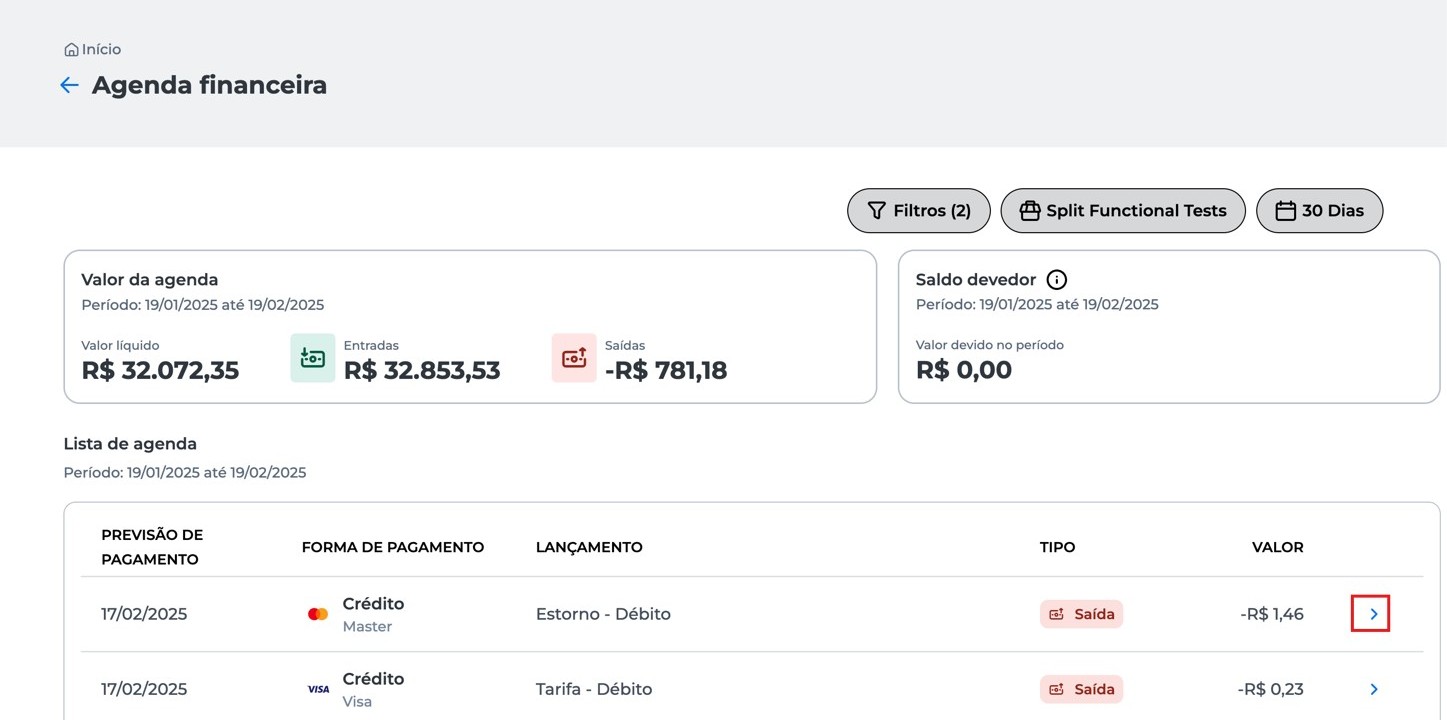Clique no botão > ao lado do evento desejado para abrir os detalhes da agenda
