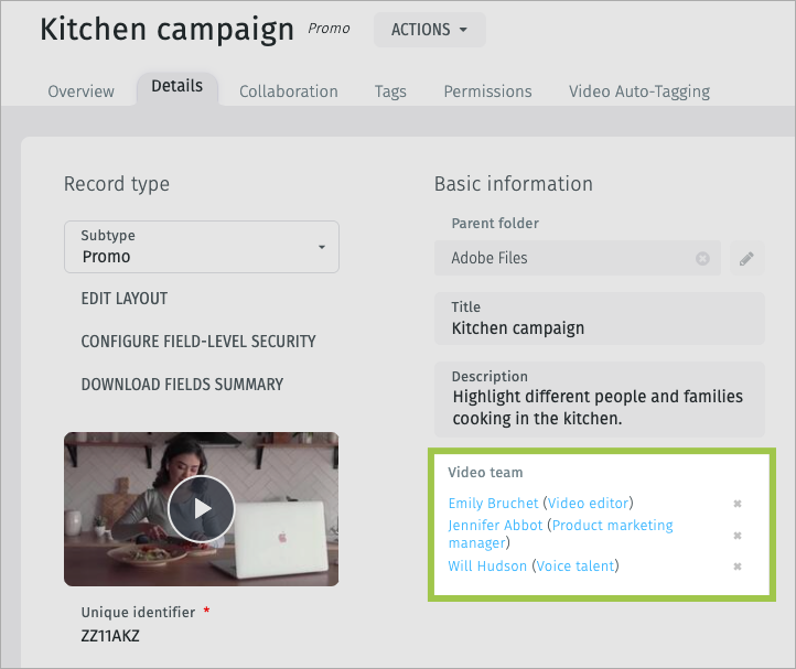 "Video production" paired value field. The first value links to a user's account, and the second value is a value in the production role authority list.