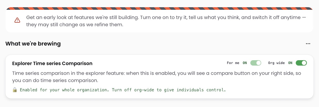 Labs page showing a feature card with personal and org-wide toggles