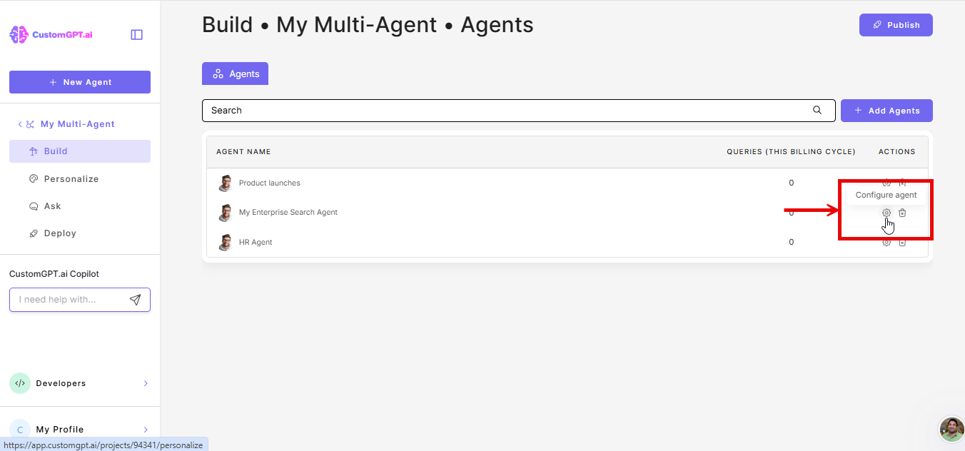 Configure agent option on a child agent to personalize