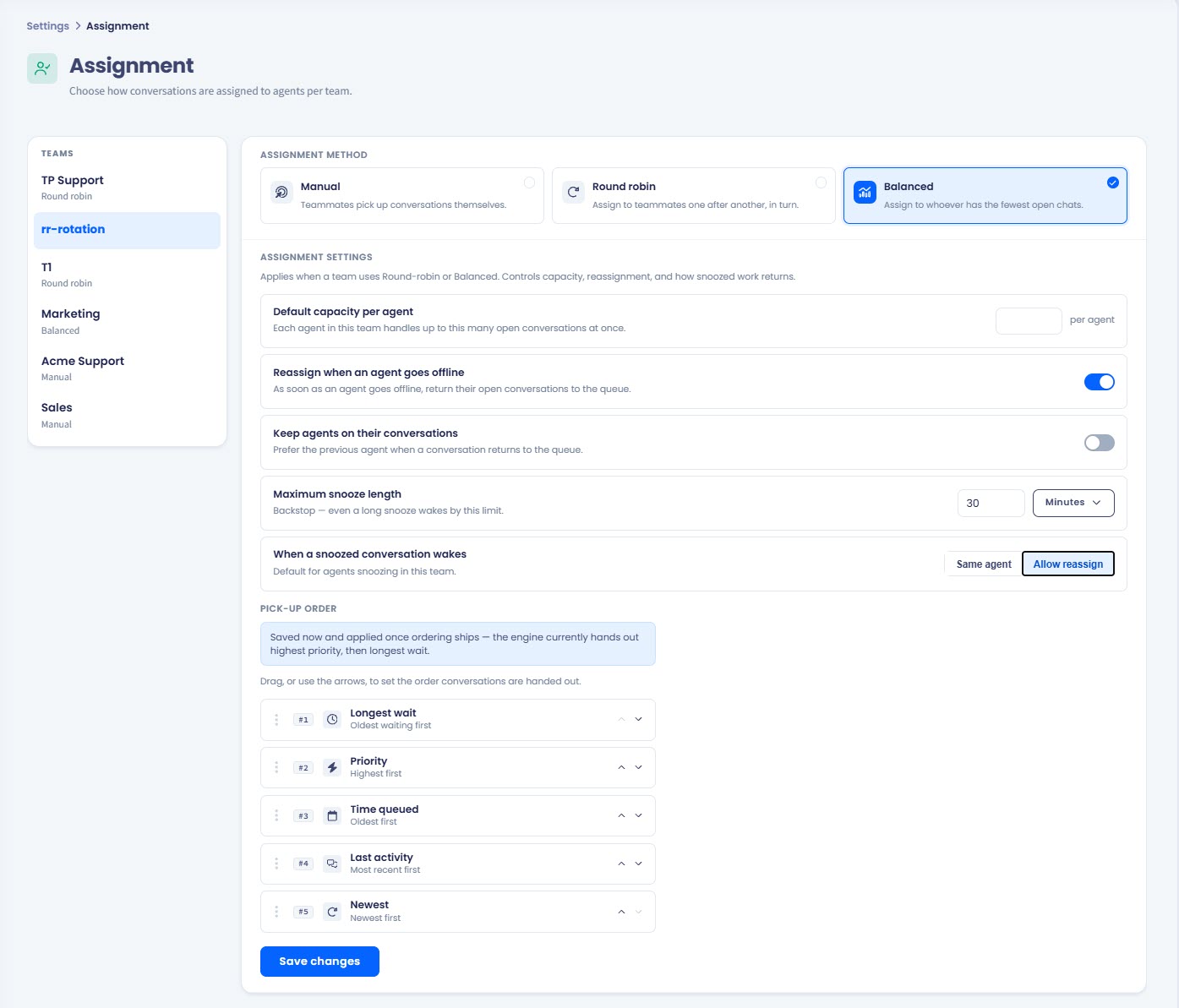 Screenshot of the Assignment settings options: Balanced