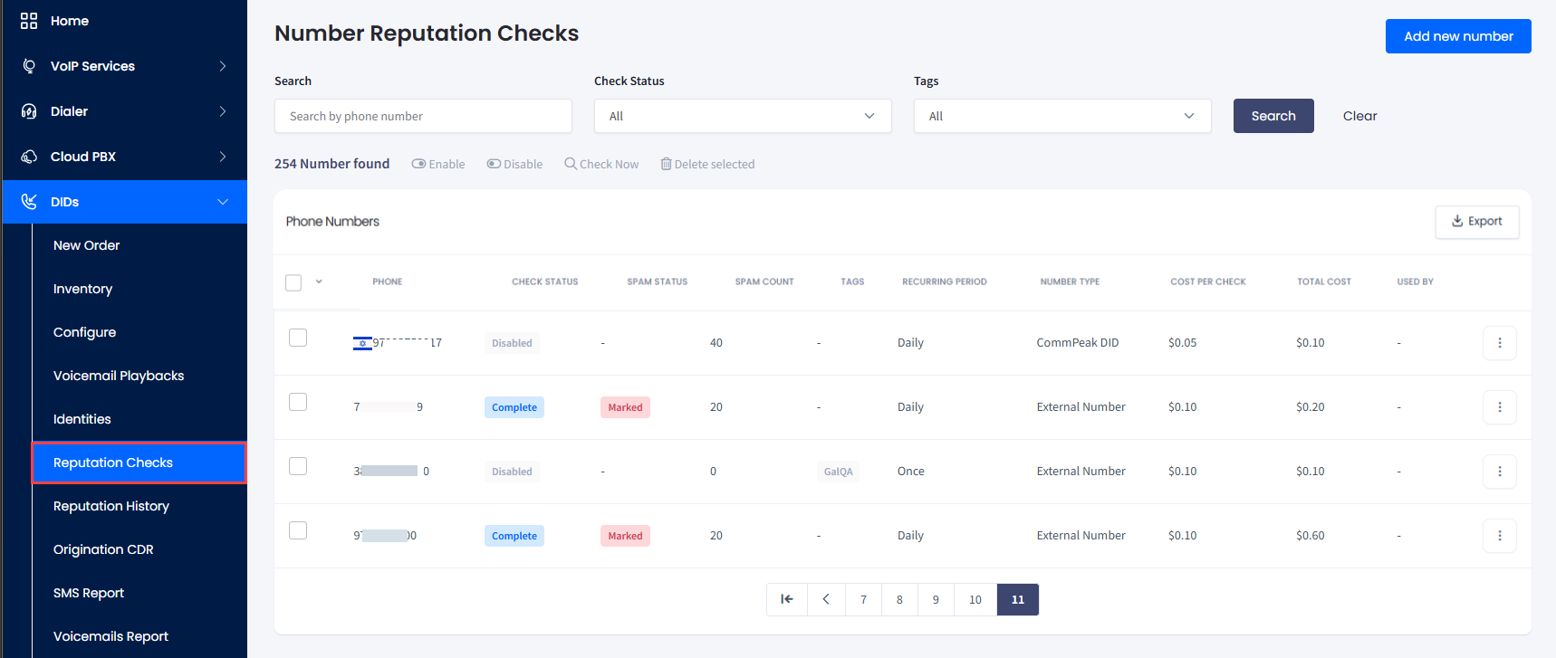 Screenshot of the Number Reputation Checks page