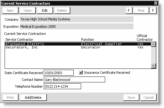 From Exposition, select View exhibitor information, open an exposition, double-click an exhibitor, click More, and select Service Contractors