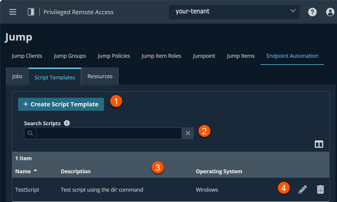 The image shows a user interface for Privileged Remote Access under the "Jump" section, specifically in the "Endpoint Automation" tab. It includes a "+ Create Script Template" button, a search bar, and a table listing script templates with columns for Name, Description, and Operating System.