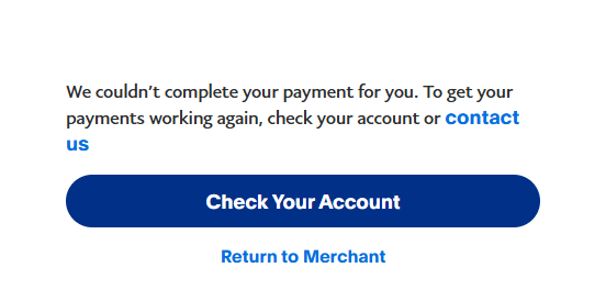 Screenshor with the notification about the PayPal payment issue