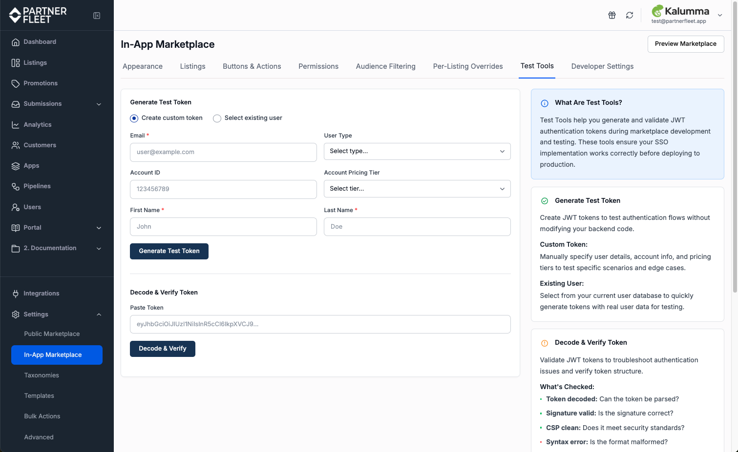 In-App Marketplace Test Tools tab showing Generate Test Token and Decode & Verify Token tools