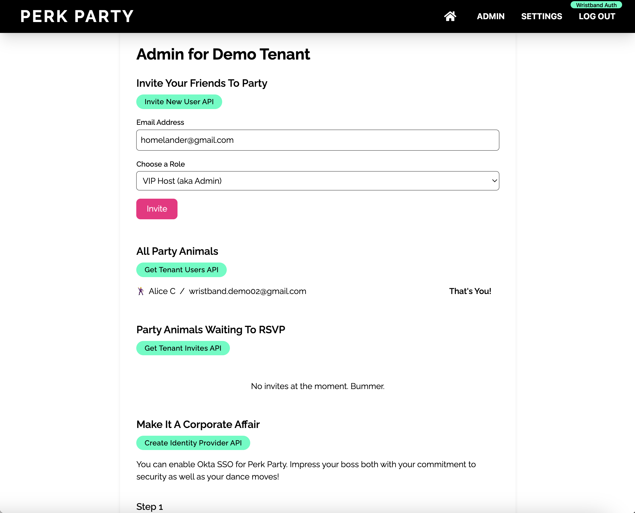 Perk Party Dashboard: Tenant Admin Page