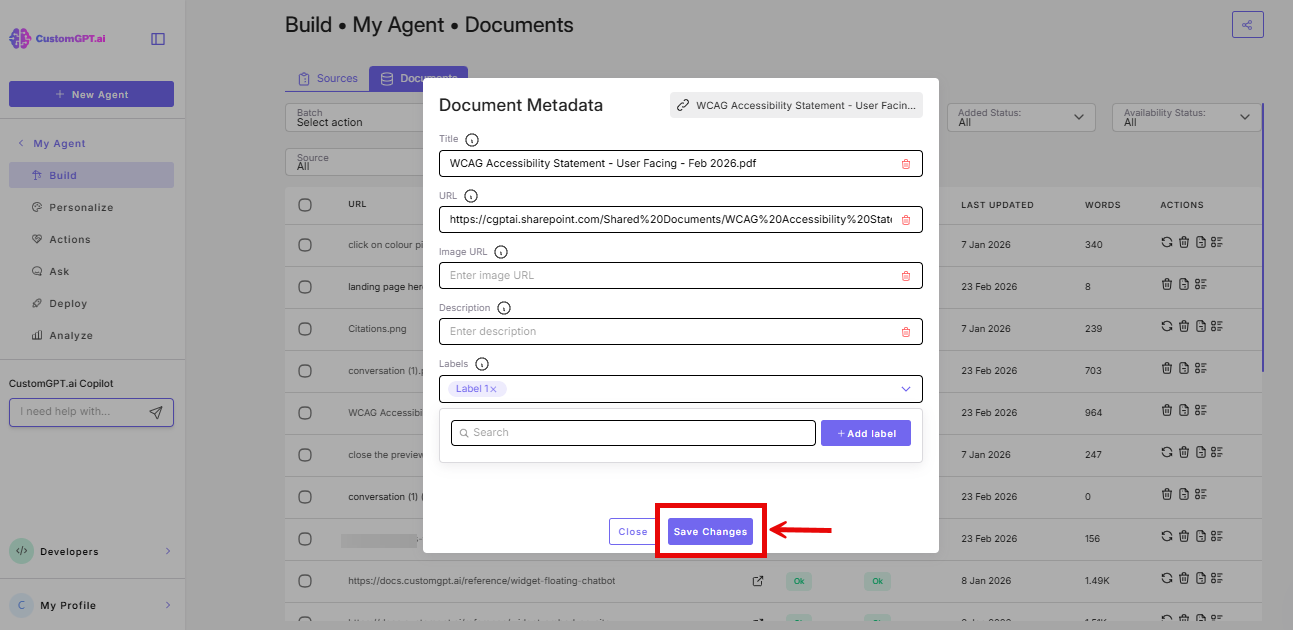 screenshot: save changes button on metadat screen