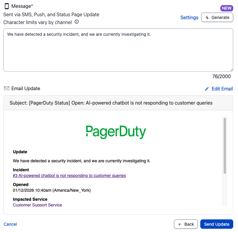 A screenshot of the PagerDuty web app showing a preview of the message that will be sent to subscribed stakeholders