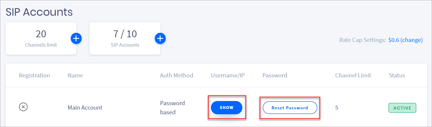 Screenshot of SIP account data in CommPeak Portal