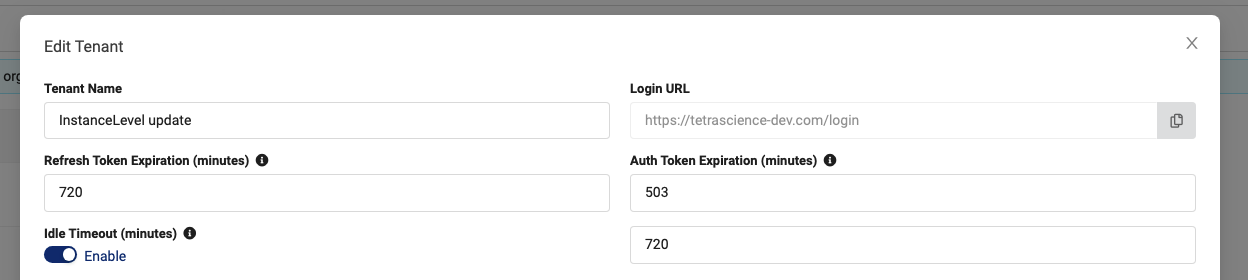 Timeout settings in the Edit Tenant dialog