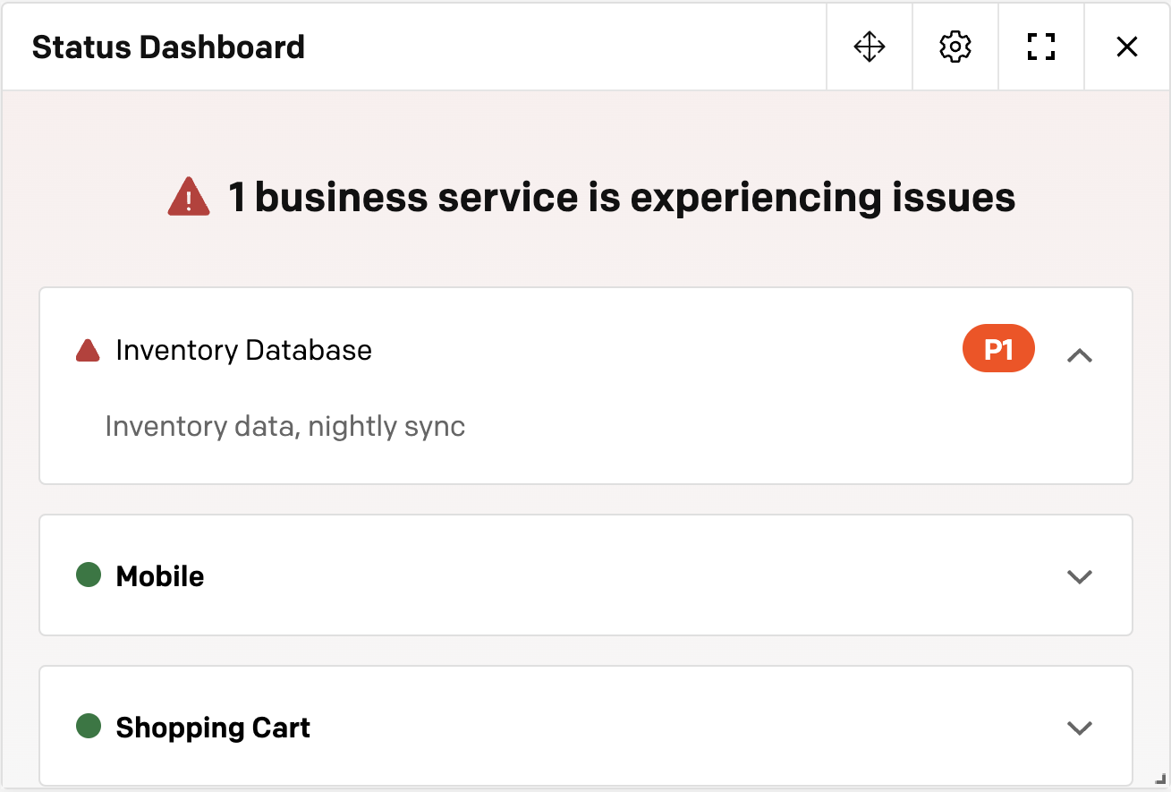 A screenshot of the PagerDuty UI detailing the Status Dashboard module