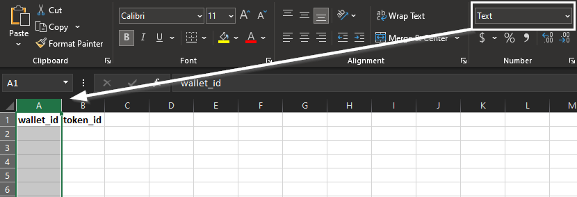 A Blank Custom CSV with the Wallet ID Formatted as "Text"