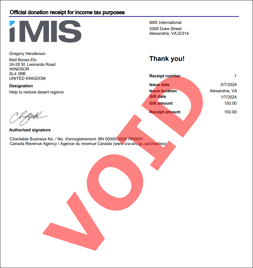 Example of tax receipt that has been voided
