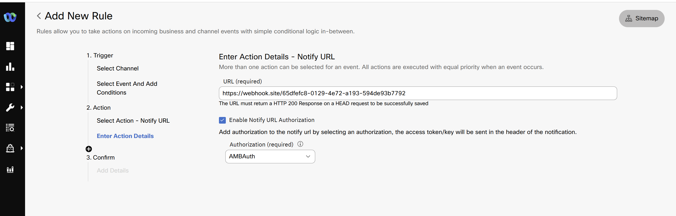 Screenshot of Notify URL Authentication on Rule page.