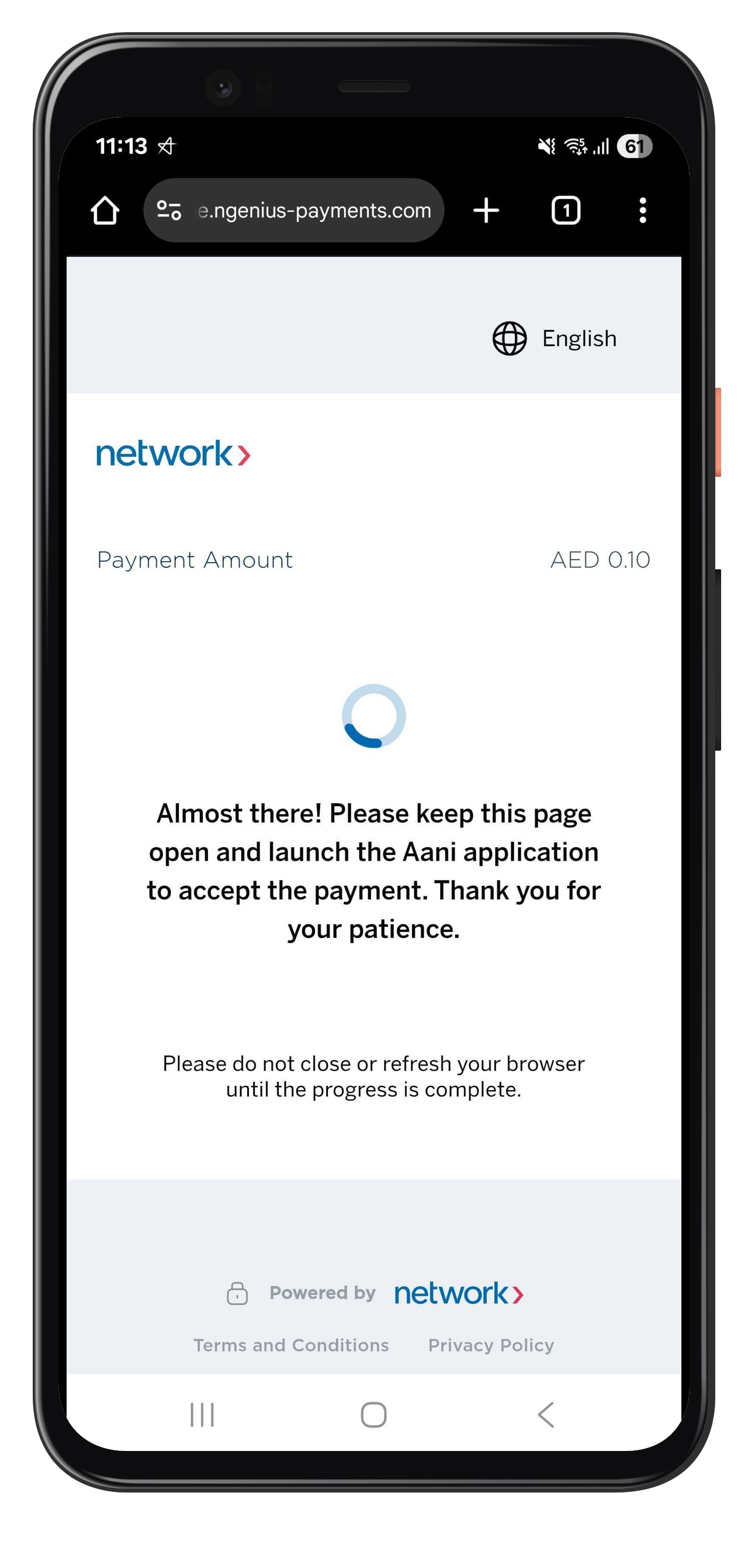 N-Genius payment screen displaying message to keep the page open and launch Aani app.