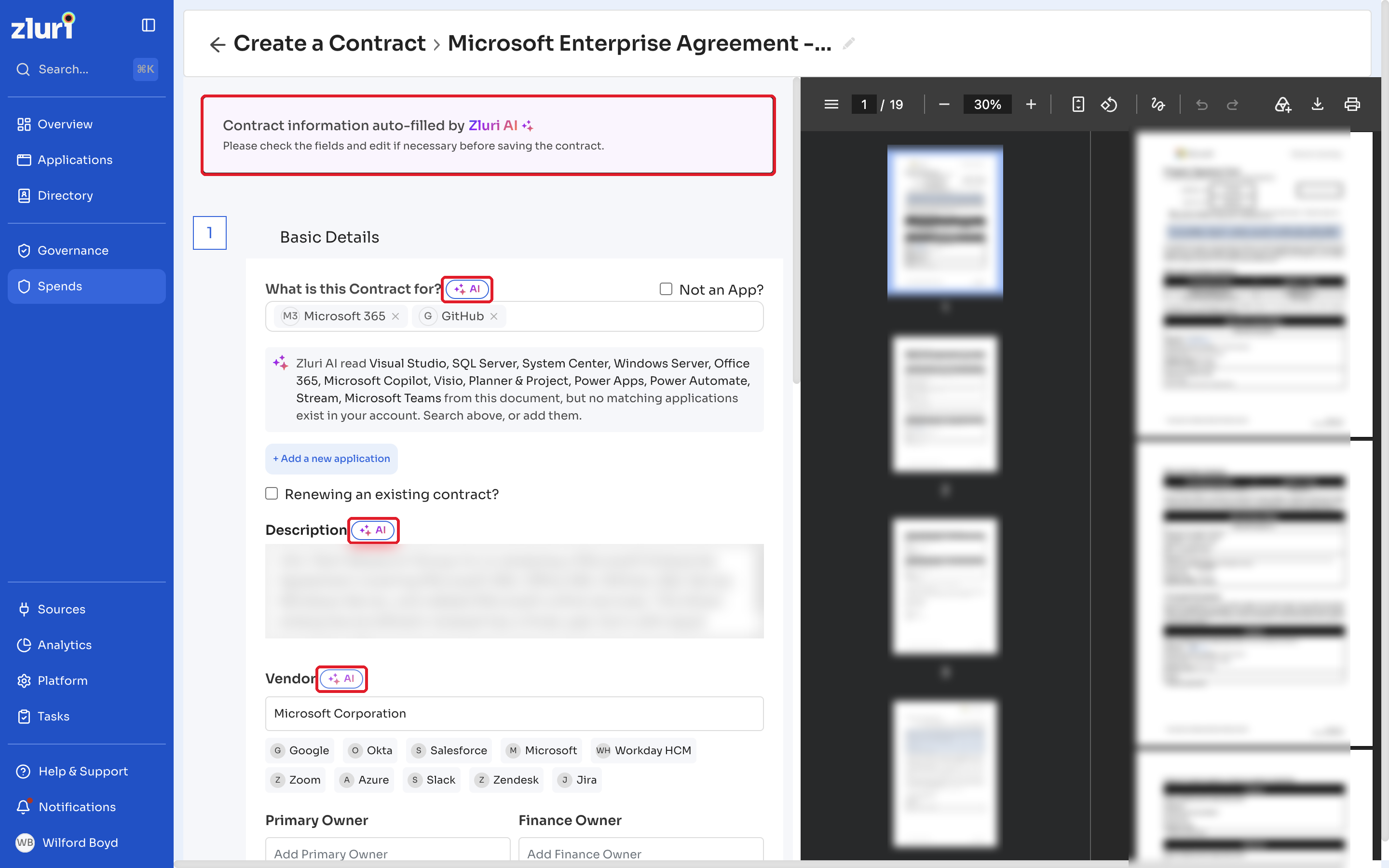 Draft contract with AI labels and the PDF on the right