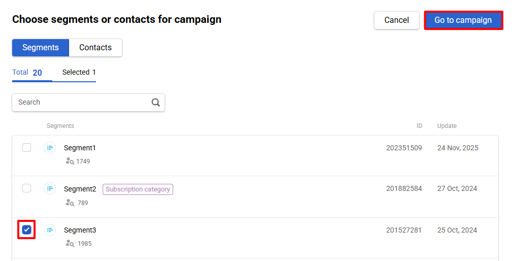Select Segments Screen