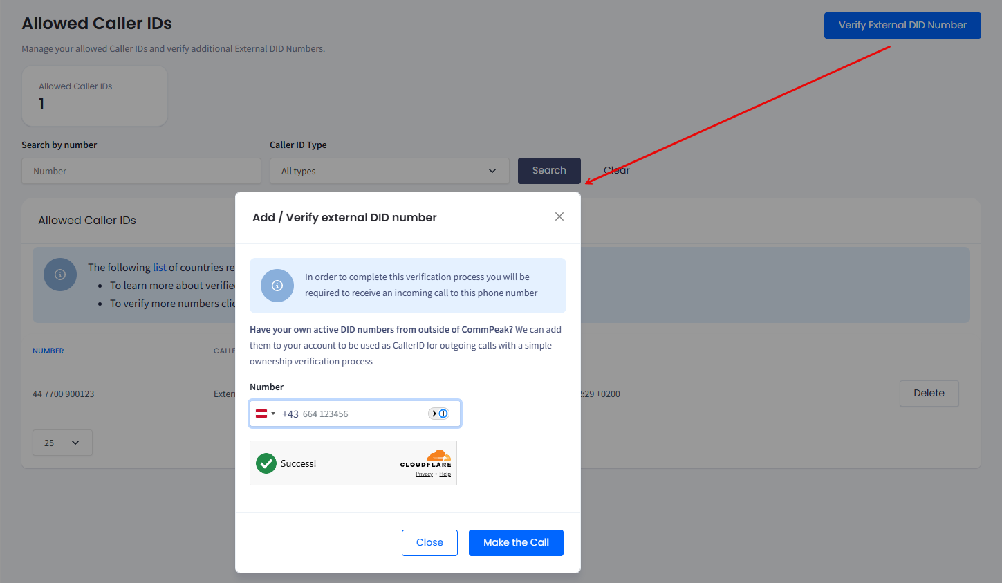 Screenshot of the DID number verification