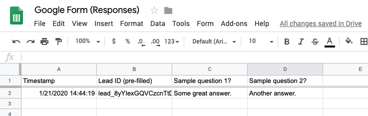 Sample responses spreadsheet