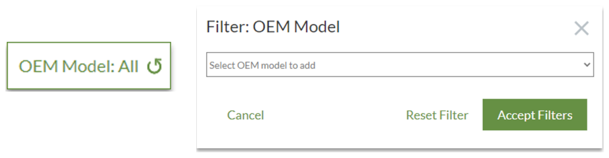 Left: Shows the OEM Model Selected for the Report
Right: Shows the OEM Model Filter Dialog Box