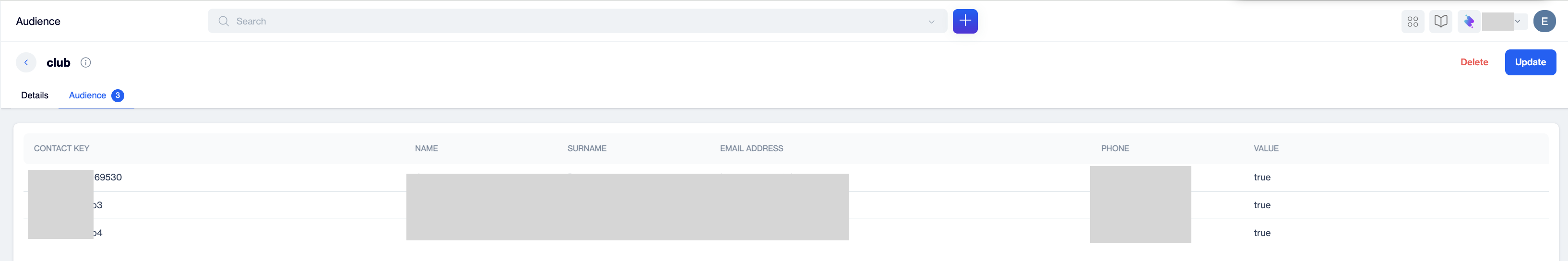 The Audience tab of a tag with a member count next to the tab name and a table with the columns Contact Key, Name, Surname, Email Address, Phone, and Value.