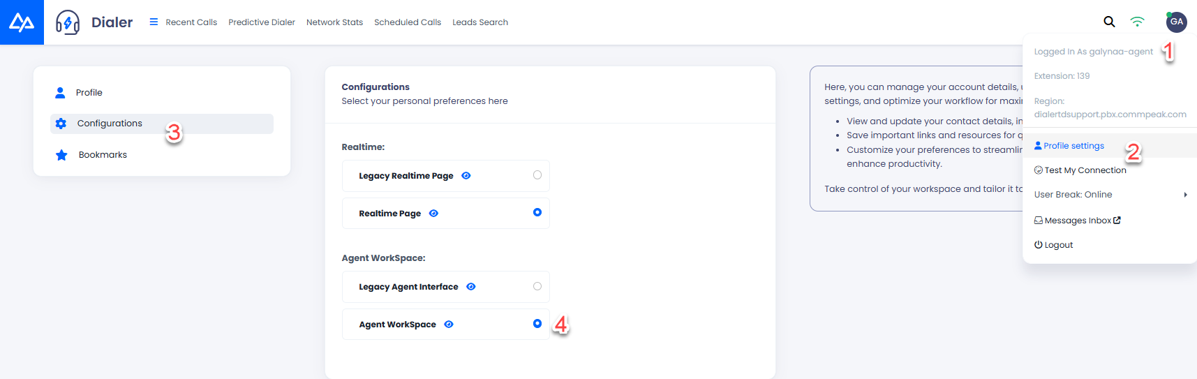Screenshot with steps to enabling the Agent Workspace