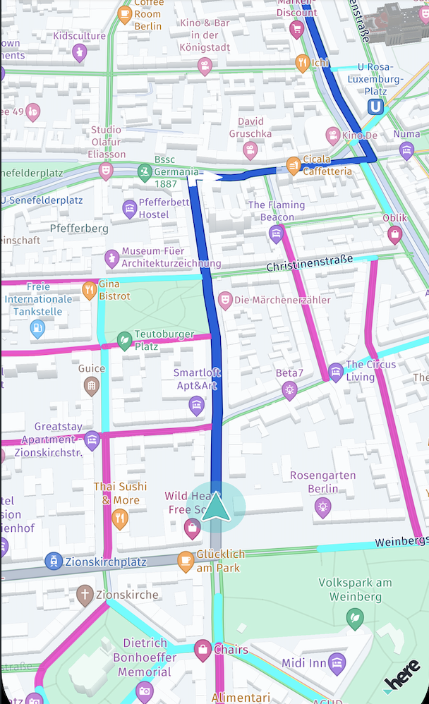 Screenshot: Electronic Horizon visualization with colored side paths at different levels (cyan, pink, orange, green) overlaid on the main route.