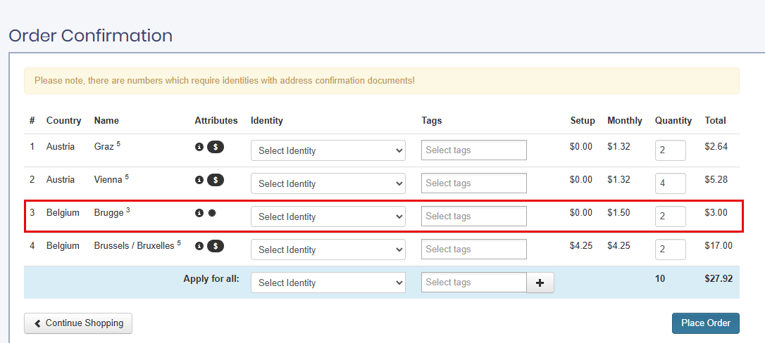 Screenshot with the banner shown: Please note, there are numbers which require identities with address confirmation documents*