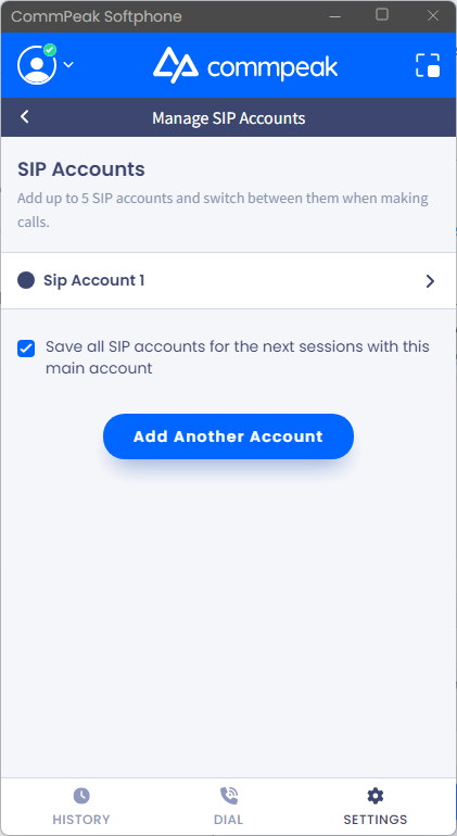 Screenshot of the Manage Sip Accounts tab