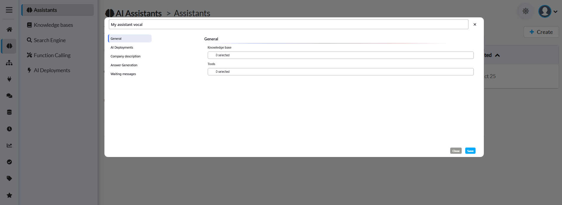 Main settings modal for Voice Assistant