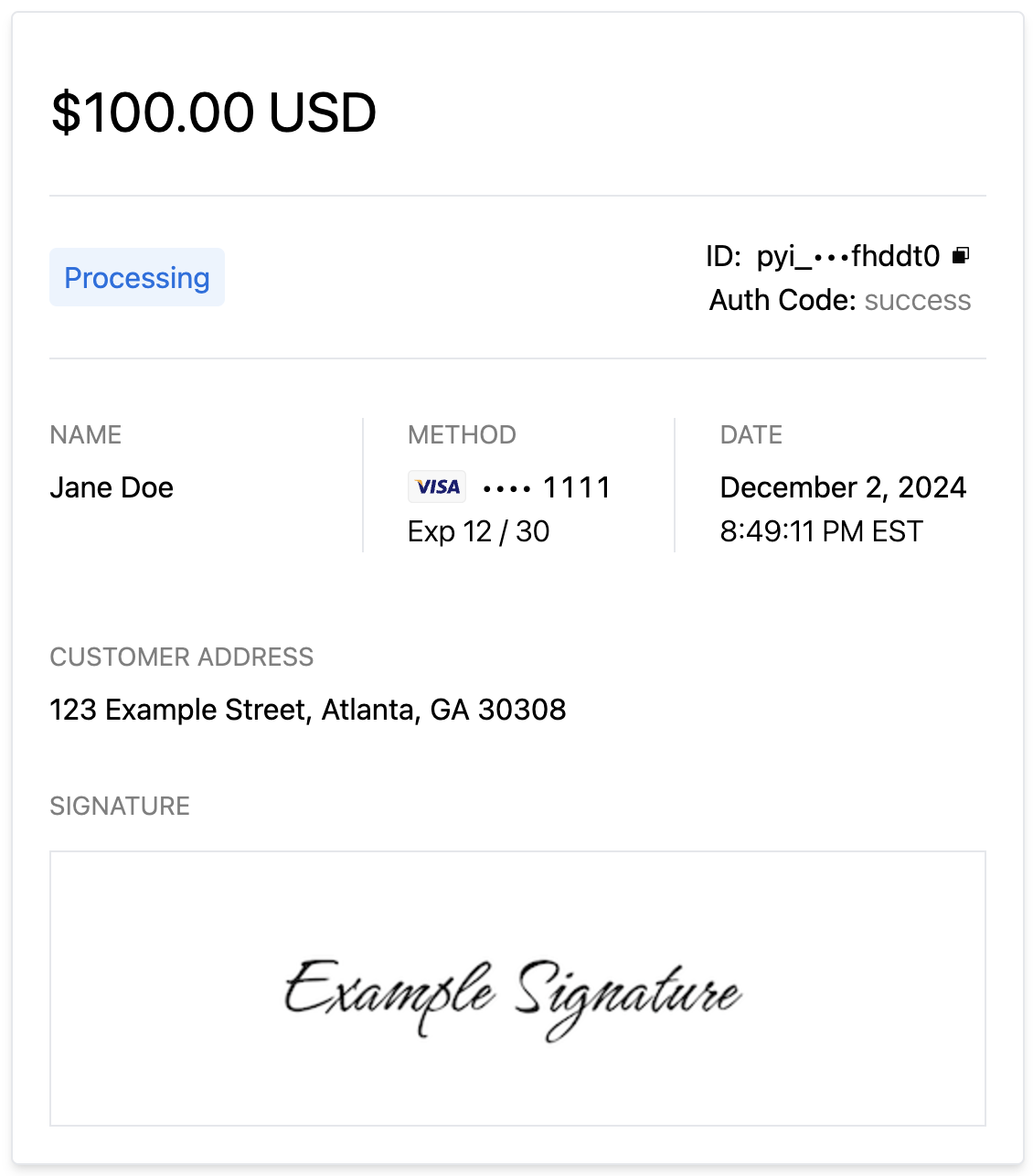 Payin Receipt Component with Signature