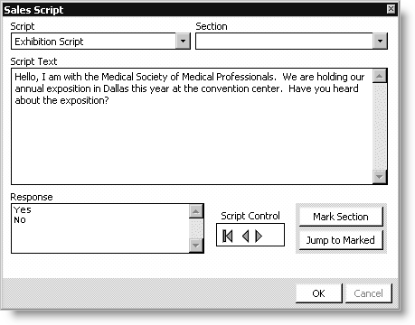 From Exposition, select Manage prospect lists, select an exposition, click Load Prospect List, click Exhibitor Sales, and click Sales Script