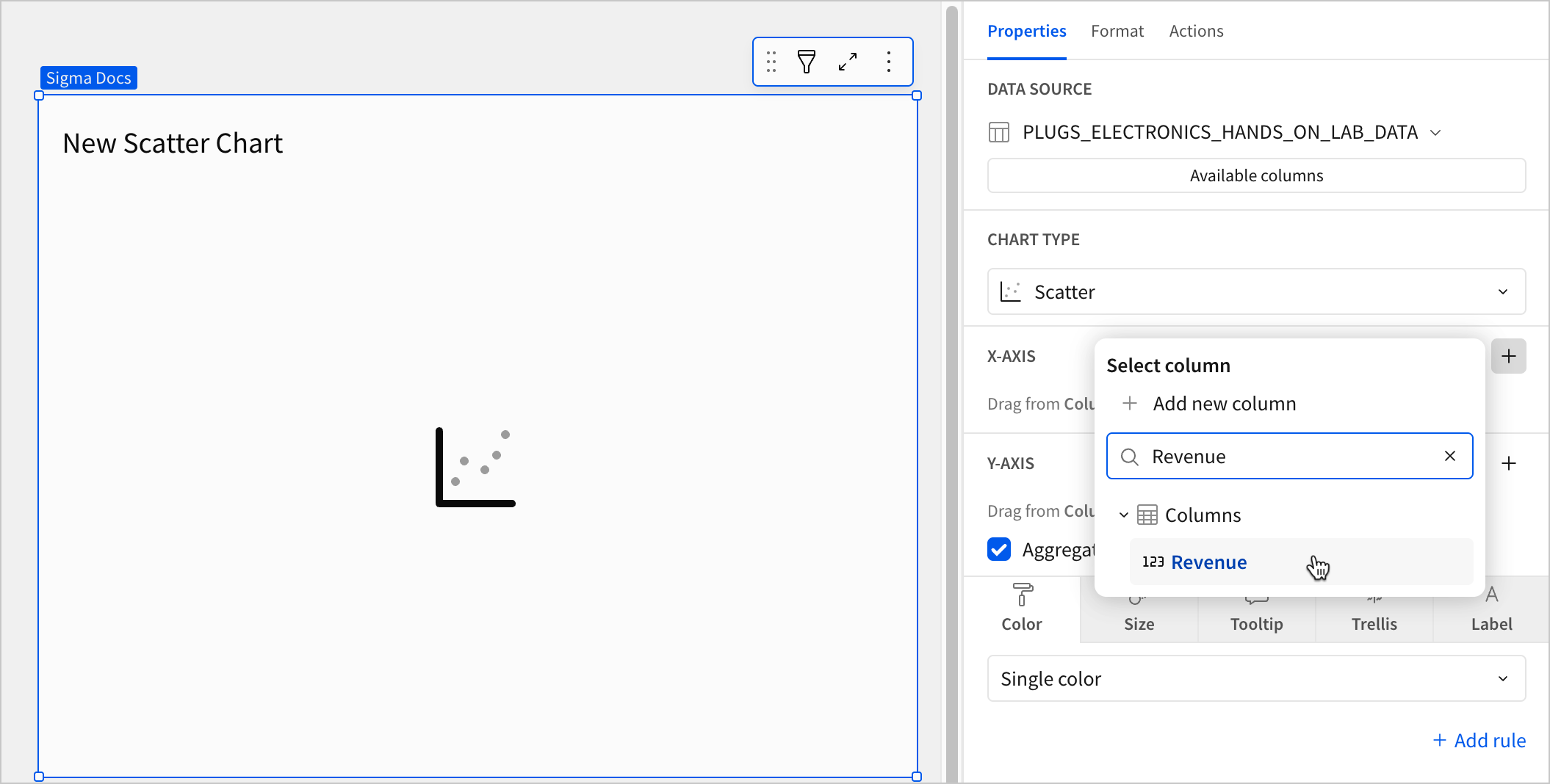 A new scatter chart in Sigma with the Properties panel open. The Select column popover is open on the X-axis field, with 'Revenue' entered in the search box and the Revenue column highlighted in the results.