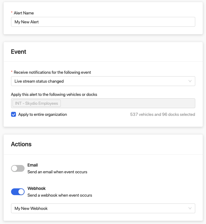 The Add Alert screen for configuring event-driven notifications 