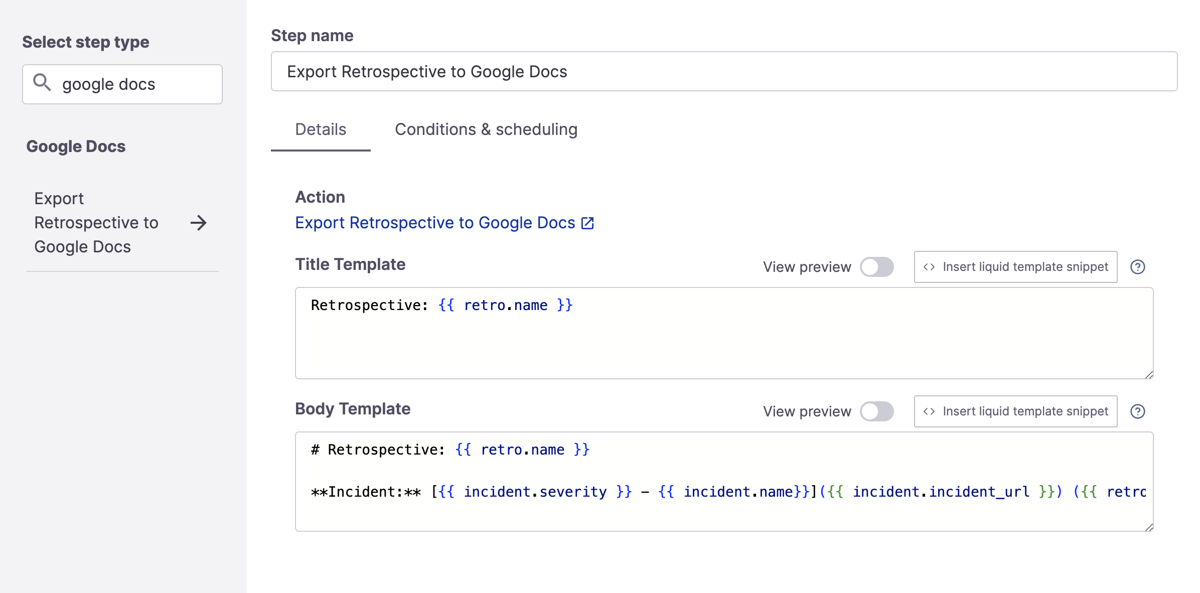 Export Retrospective to Google Docs step