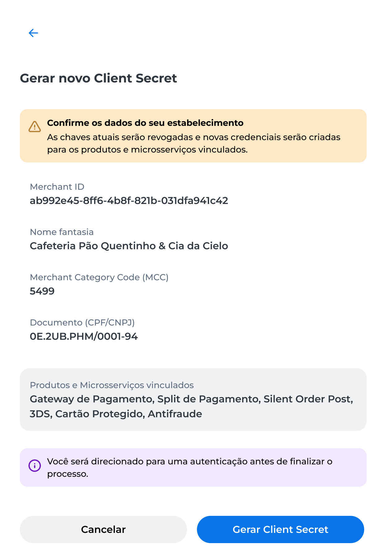 Confirme os dados da empresa e clique em **Gerar novo Client Secret**