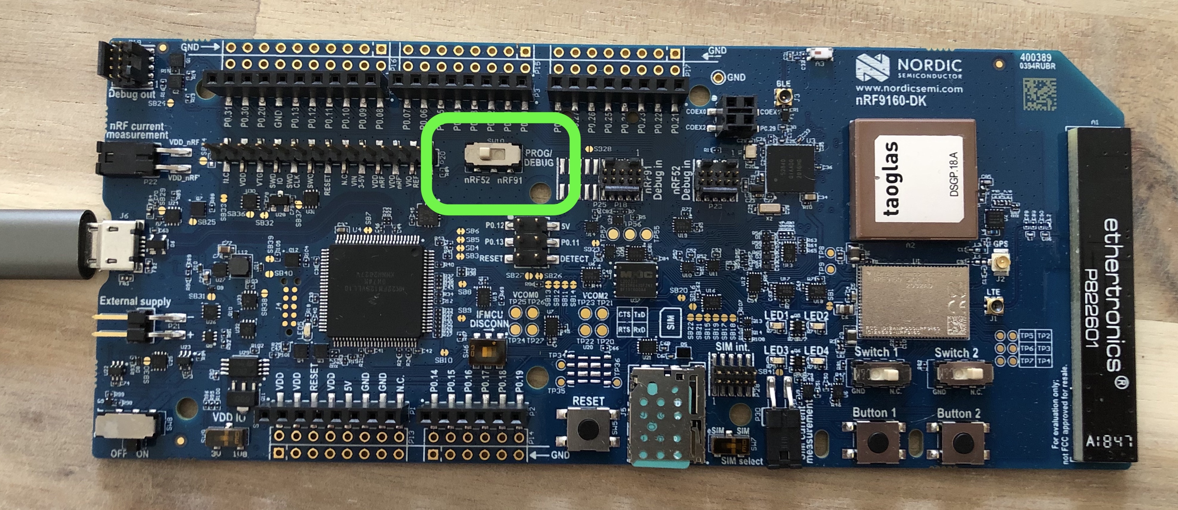 Ensure that the PROG/DEBUG switch is in nRF52 position to flash the board controller.