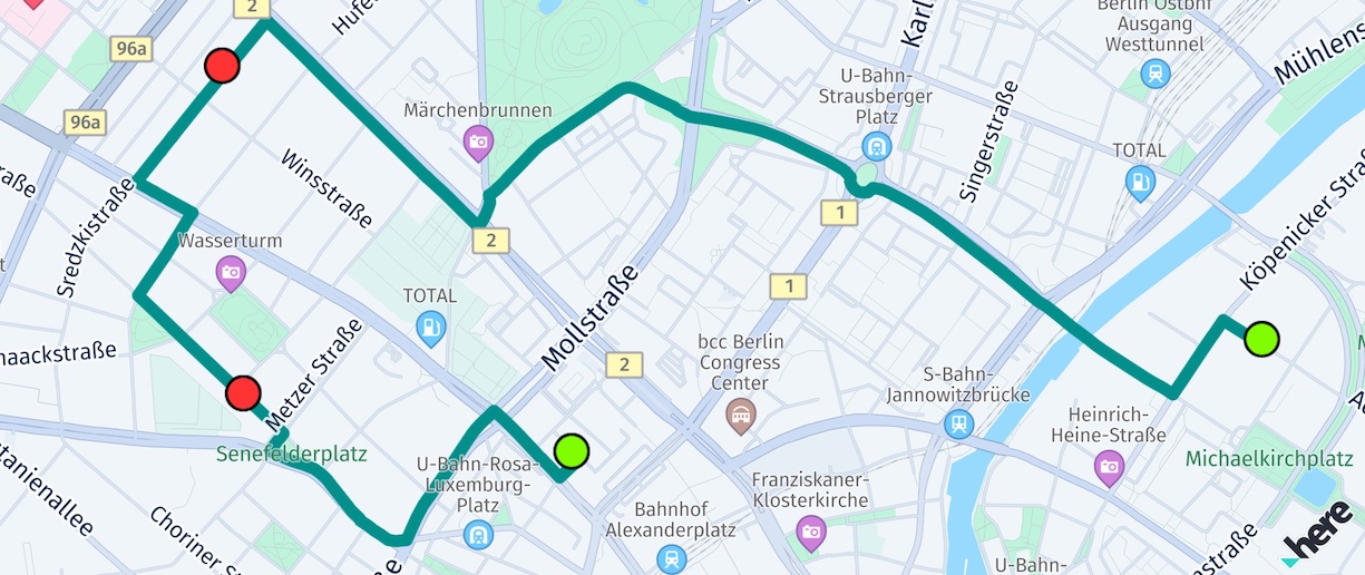 Screenshot: Showing a route with two additional waypoints.