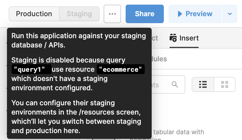 greyed-out-switch.png `query1` is using the `ecommerce` resource which doesn't have staging configured.