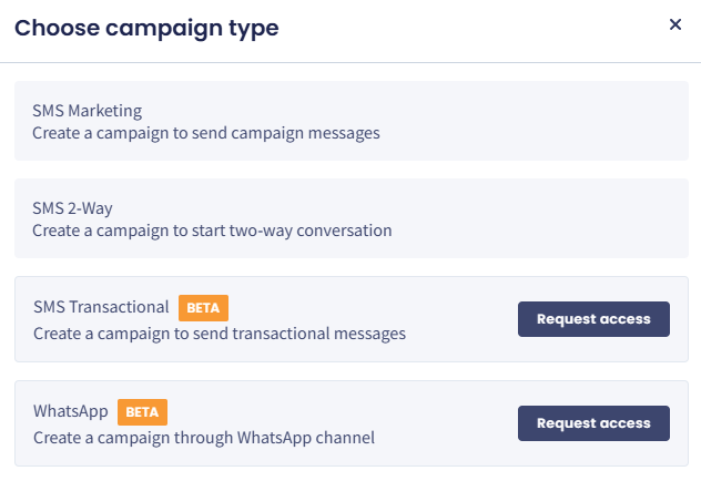 Screenshot of the Choose campaign type pop-up window